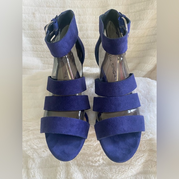 Via Spiga, Blue Suede Tri-strap w/ ankle strap, sandal. Sz 7 M. - Picture 3 of 10